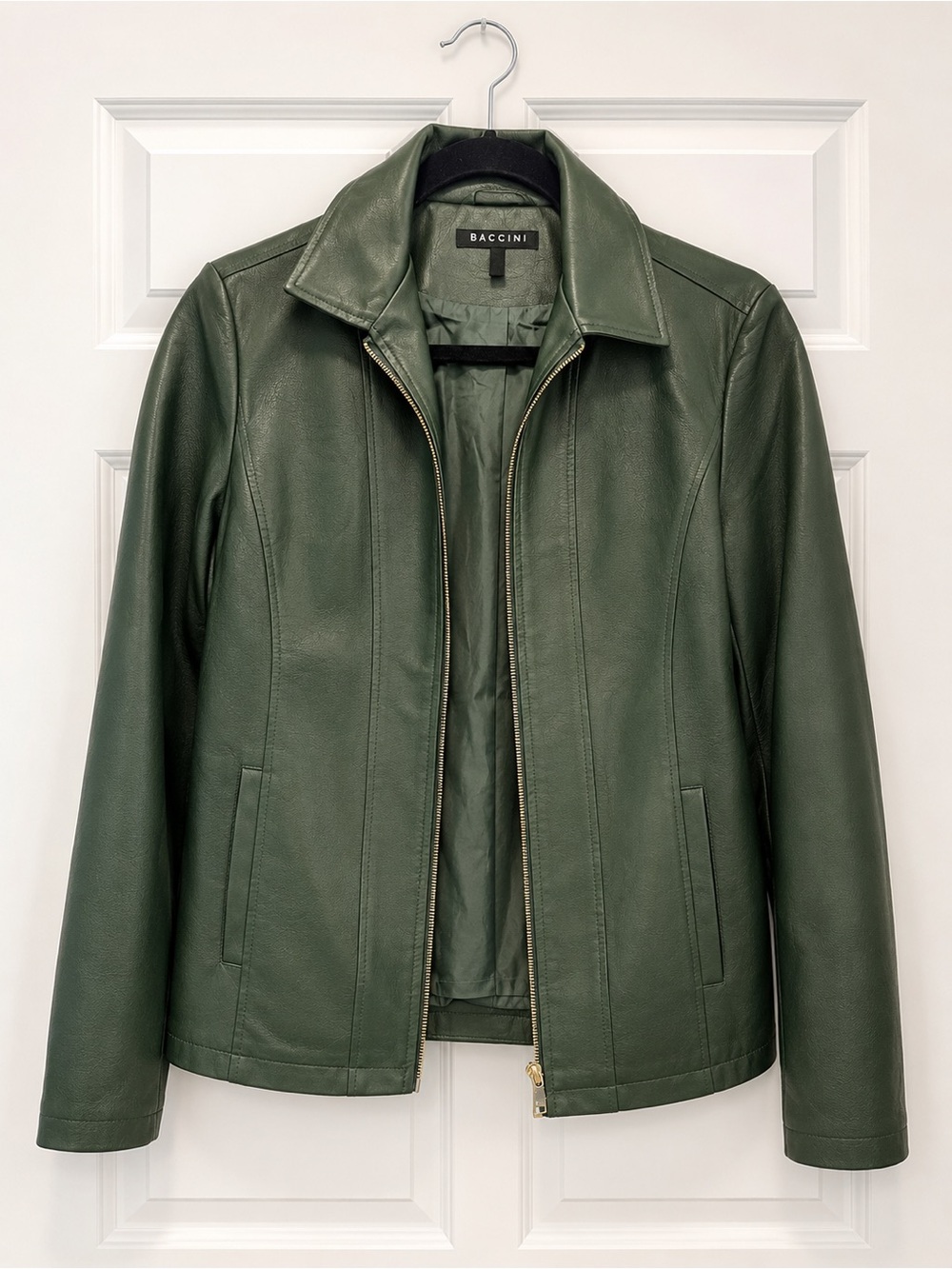 Baccini Green Fall  Faux Leather Zip-Front Jacket Size S EUC